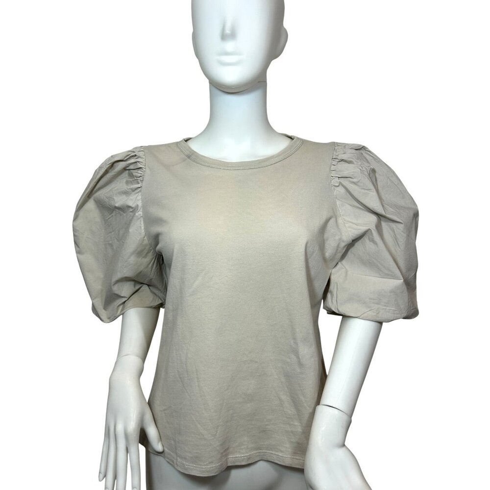 H&M Women Top M Beige Round Neck Short Voluminous Balloon Sleeves Cotton Stretch